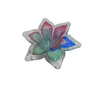Hand-Blown Glass Star Shaped Bowl With Multicolor Swirls Votive Candle Trinket